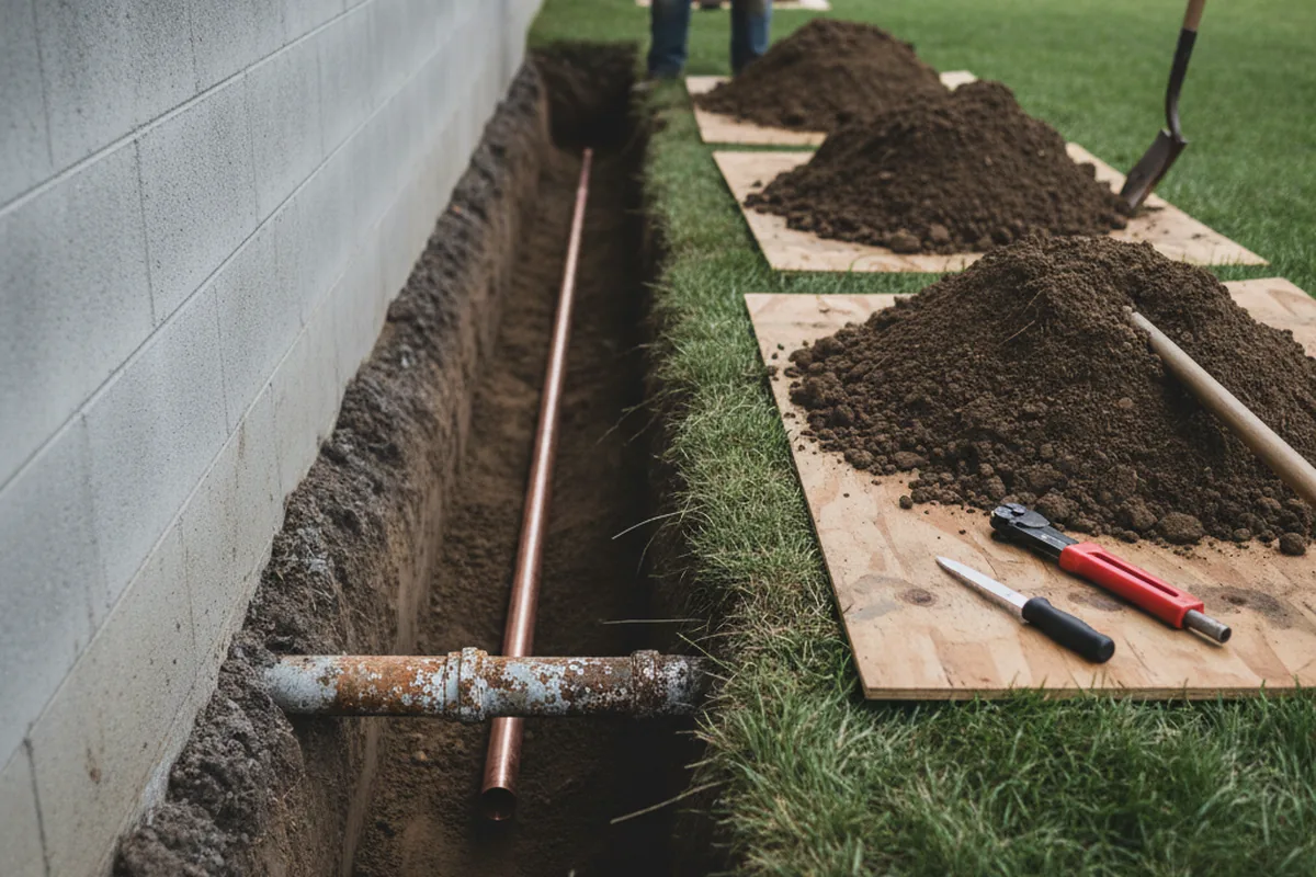 Excavated water line trench during Water Softener Installation in Channelview